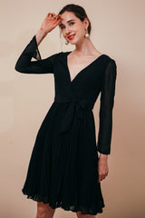 Sexy Deep V-Neck Long Sleevess Bowtie Little Black Dress