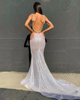 Sexy Deep V-Neck Sparkling Sequins Beading Chic Evening Gowns Backless Mermaid Sleeveless Prom Dresses With Court Train