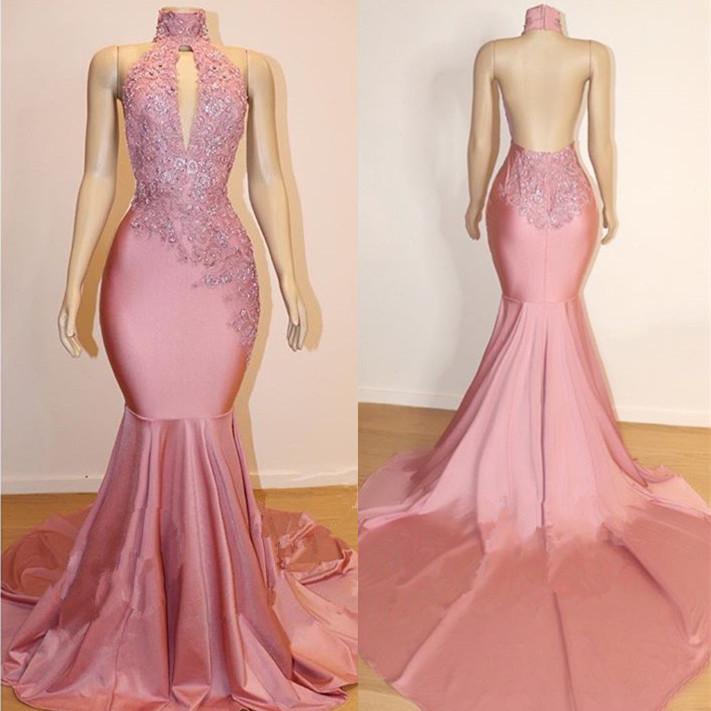 Sexy High Collar Mermaid Prom Dress Sequins Pink Long Backless