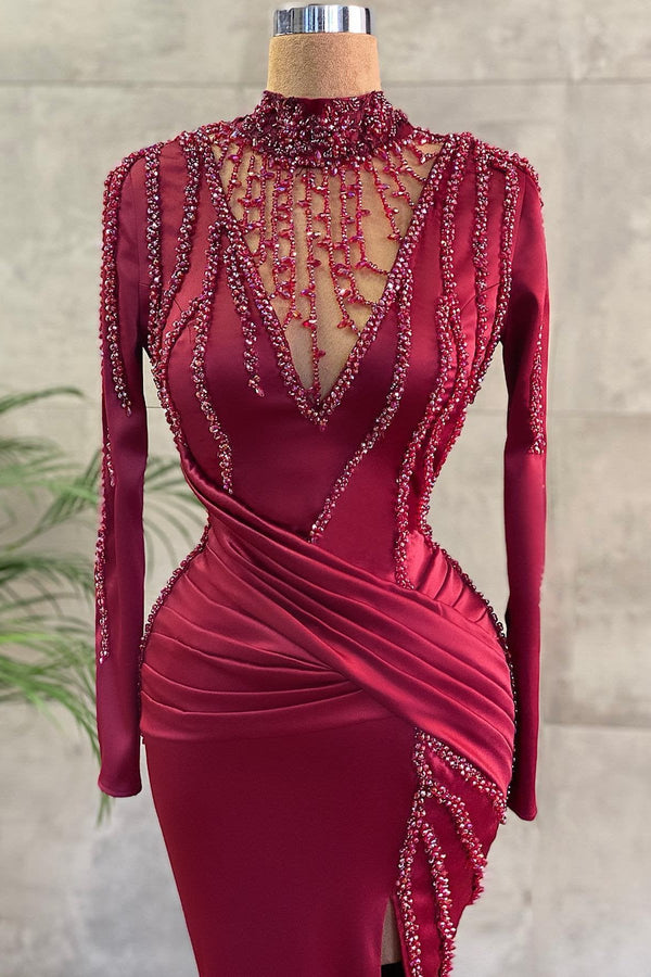 Sexy Long Sleevess Burgundy Evening Gowns Prom Dress Long With Small Round Collar Beading