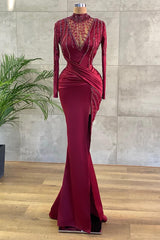 Sexy Long Sleevess Burgundy Evening Gowns Prom Dress Long With Small Round Collar Beading
