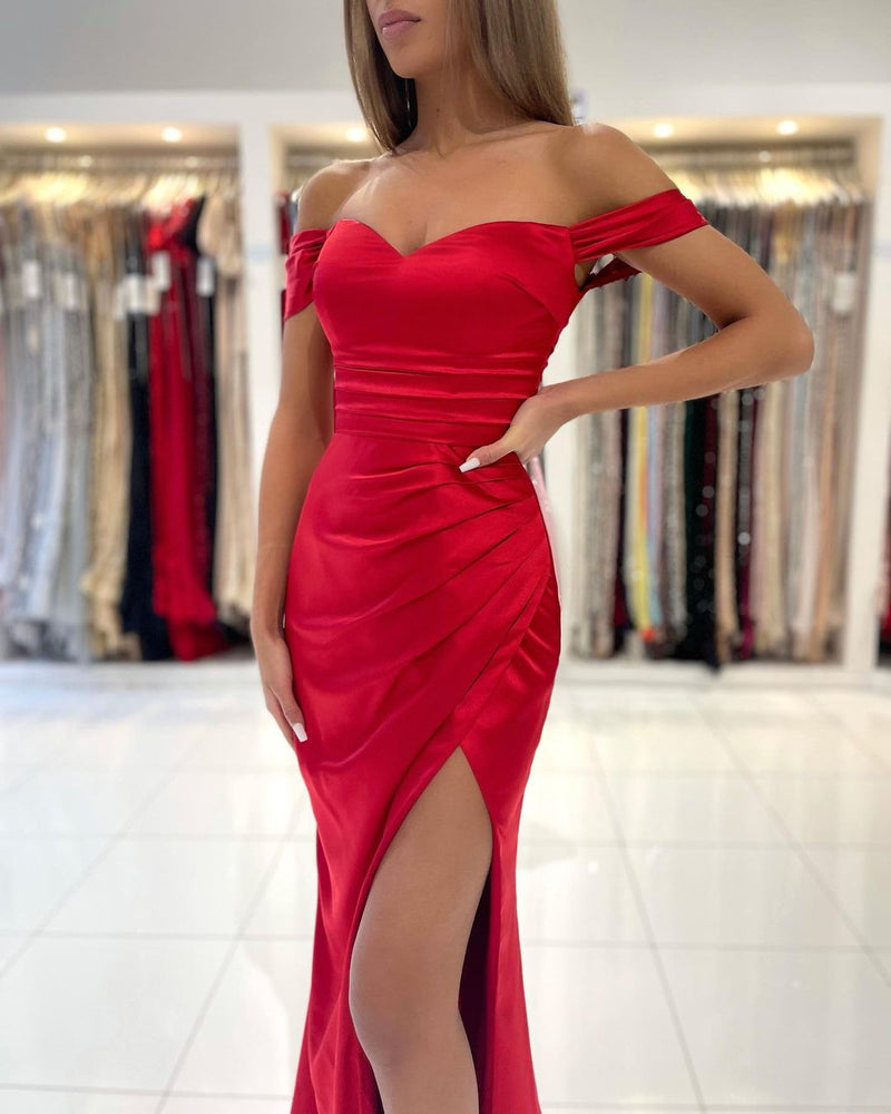 Sexy Red Off The Shoulder Mermaid Prom Dress With Side Split