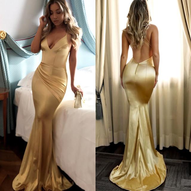 Sexy Spaghetti-Strapss Backless Mermaid Prom Dress Sequins V-Neck Chiffon Gold Long