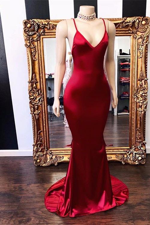 Sexy Spaghetti-Strapss V-Neck Mermaid Prom Dress Red Long Chiffon