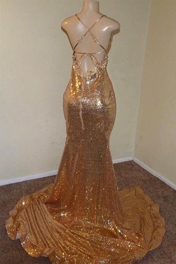 Sexy Spaghetti-Strapss V-Neck Mermaid Prom Dress Sequins Long Chiffon Gold With Split