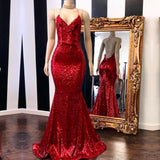 Sexy Spaghetti-Strapss V-Neck Mermaid Prom Dress Sequins Red Long