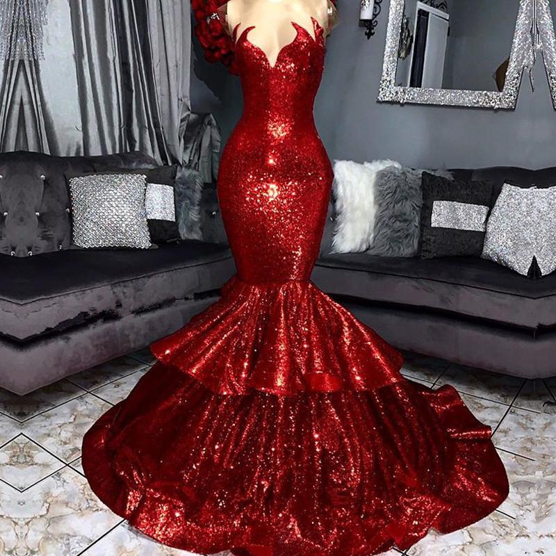 Sexy Strapless Mermaid Red Prom Dress Sequins Long
