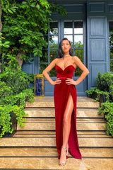 Sexy Sweetheart Burgundy Evening Gowns Split Prom Dress Long