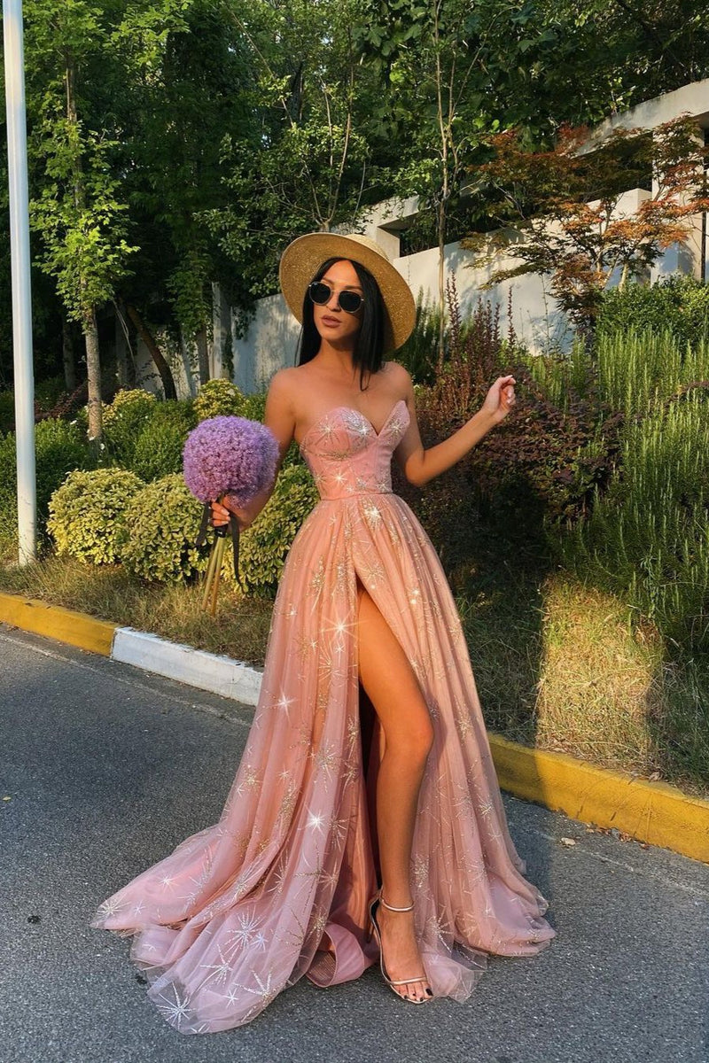 Sexy Sweetheart Pink Tulle Prom Dress Sequins Long