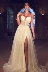 Sexy Tulle Spaghetti-Strapss Yellow Prom Dress Lace Long With Split