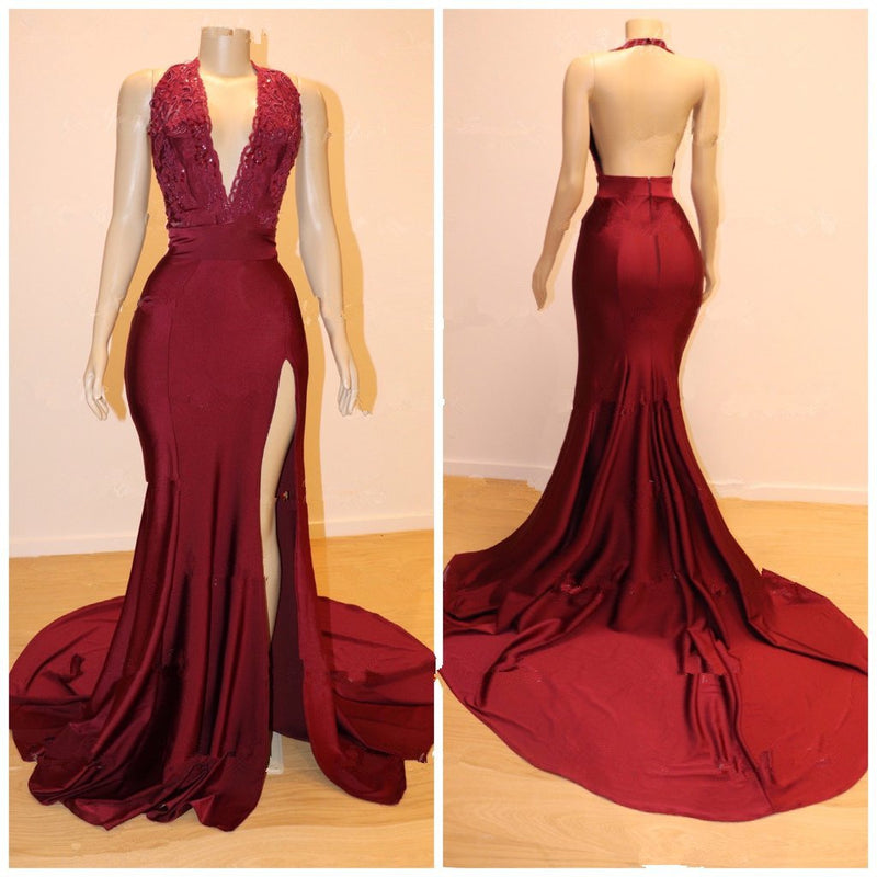 Sexy V-Neck Chiffon Mermaid Prom Dress Sequins Long Backless With Split