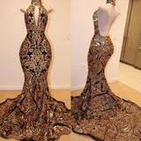 Sexy V-Neck Halter Backless Mermaid Prom Dress Gold Sequins Long Backless