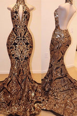 Sexy V-Neck Halter Backless Mermaid Prom Dress Gold Sequins Long Backless