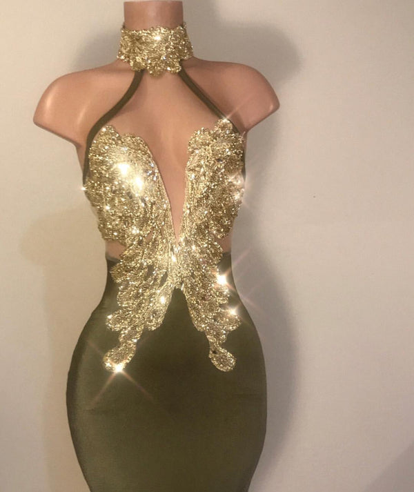 Sexy V-Neck Halter Backless Mermaid Prom Dress Sequins Chiffon Green Long Backless