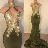 Sexy V-Neck Halter Backless Mermaid Prom Dress Sequins Chiffon Green Long Backless