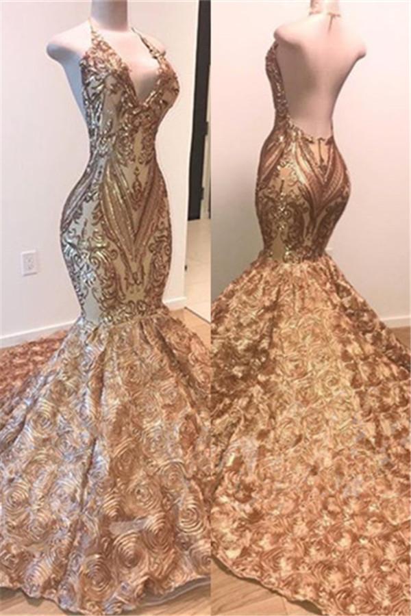 Sexy V-Neck Halter Gold Mermaid Prom Dress Sequins Backless Long