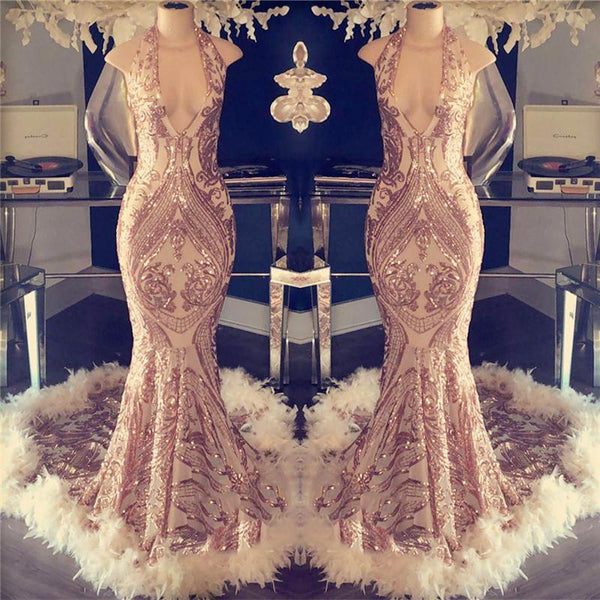 Sexy V-Neck Halter Mermaid Prom Dress Gold Sequins Long Backless