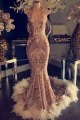 Sexy V-Neck Halter Mermaid Prom Dress Gold Sequins Long Backless