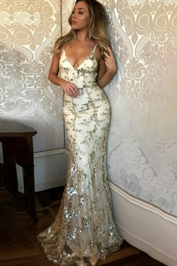 Sexy V-Neck Spaghetti-Strapss Mermaid Prom Dress Sequins Black Silver Party Dressy Long