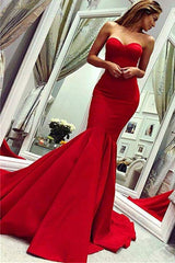 Sey Red Satin Mermaid Sleeveless Sweetheart Floor Length Backless Prom Dresses Evening Gowns With Zipper