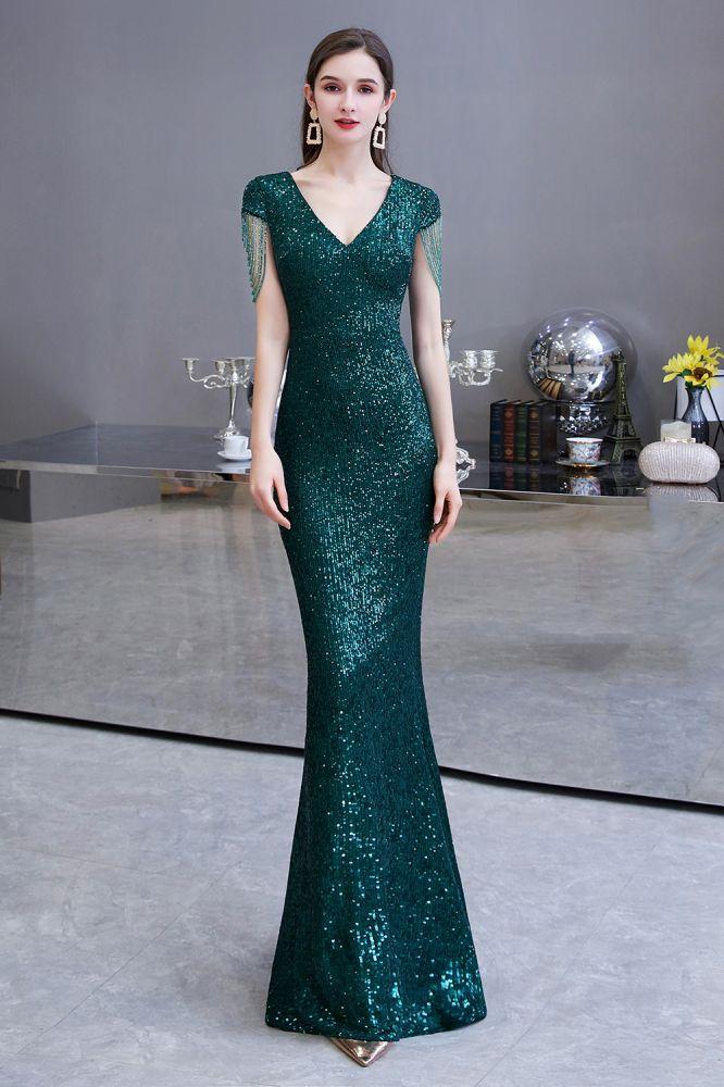 Shining Sequins Green Mermaid Cap sleeve Long Prom Dresses