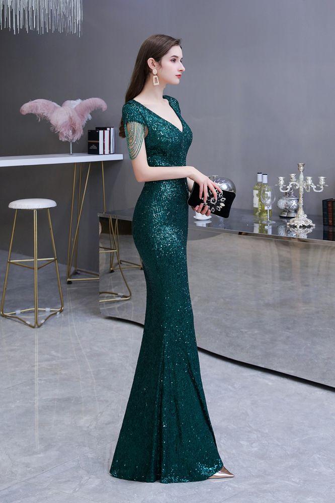 Shining Sequins Green Mermaid Cap sleeve Long Prom Dresses