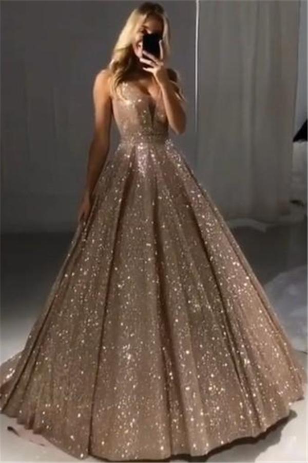 Shiny Gold Ball Gown Evening Dresses Chic V-Neck Sequin Prom Dresses