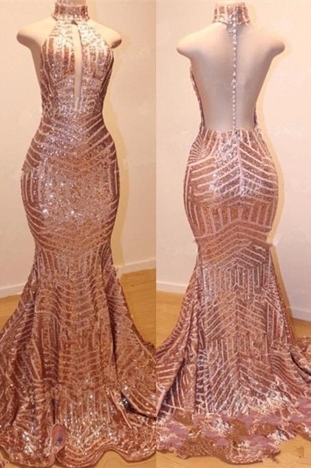 Shiny High-Neck Sleeveless Sequins Mermaid Prom Dresses