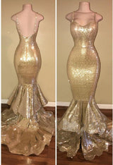 Shiny Sequins Mermaid Spaghettis-Straps Layers-Train Gold Prom Dresses