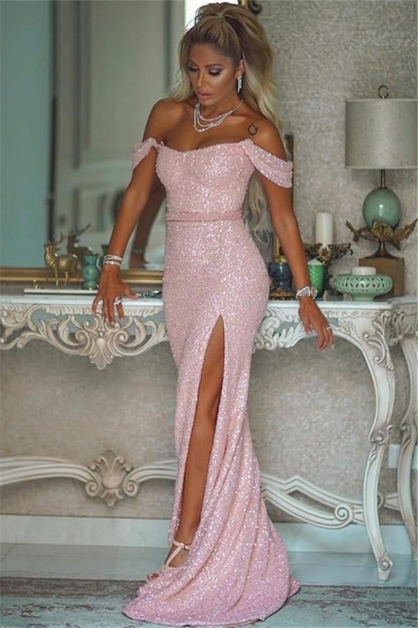 Shiny Sequins Pink Prom Dresses With Slit Off-the-Shoulder Chic Evening Gowns With Buttons