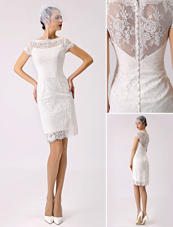 Short Casual Wedding Dresses Lace Illusion Short Sleeve Column Column Reception Dress For Bride Exclusive