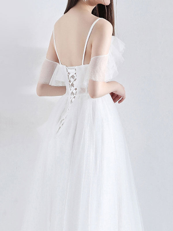 Short Wedding Dress A-line Chic V-Neck Short Sleeves Tea Length Bridal Gowns
