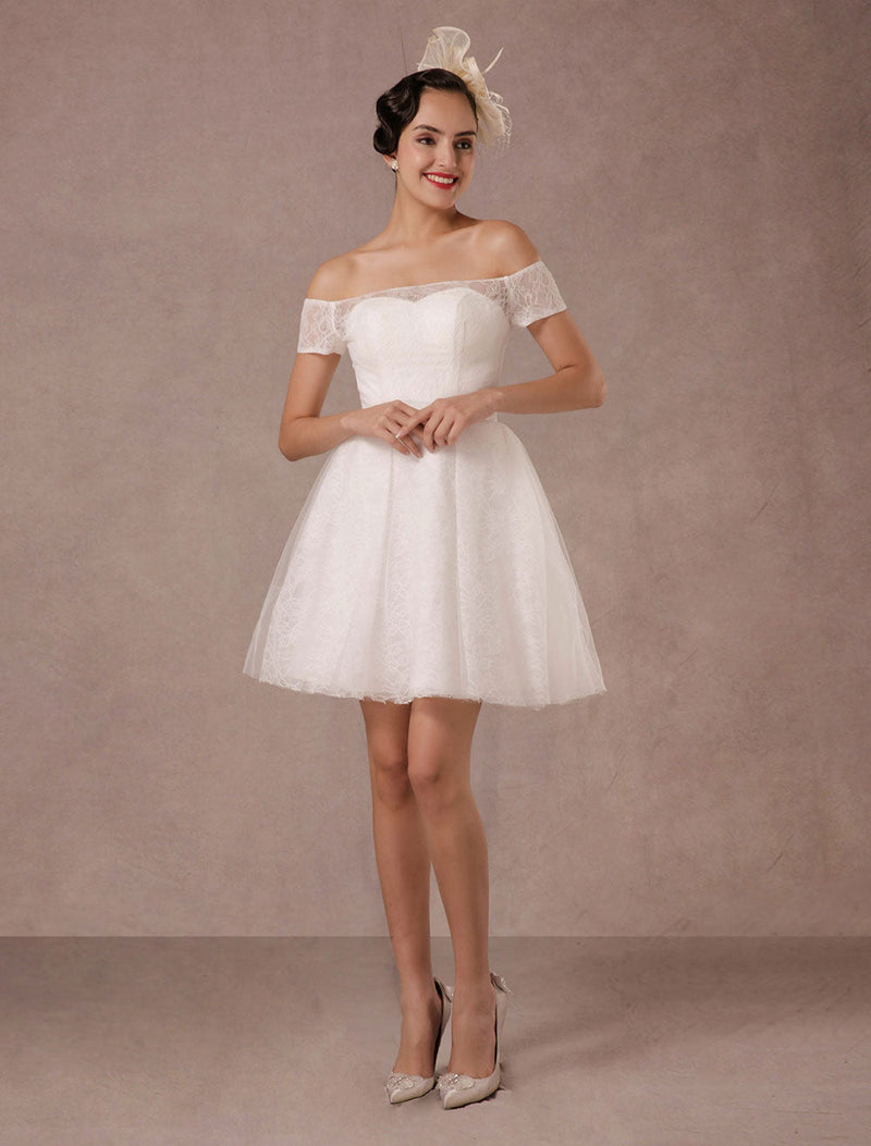 Short Wedding Dress Lace Off The Shoulder Mini A-Line Retro Bridal Dress