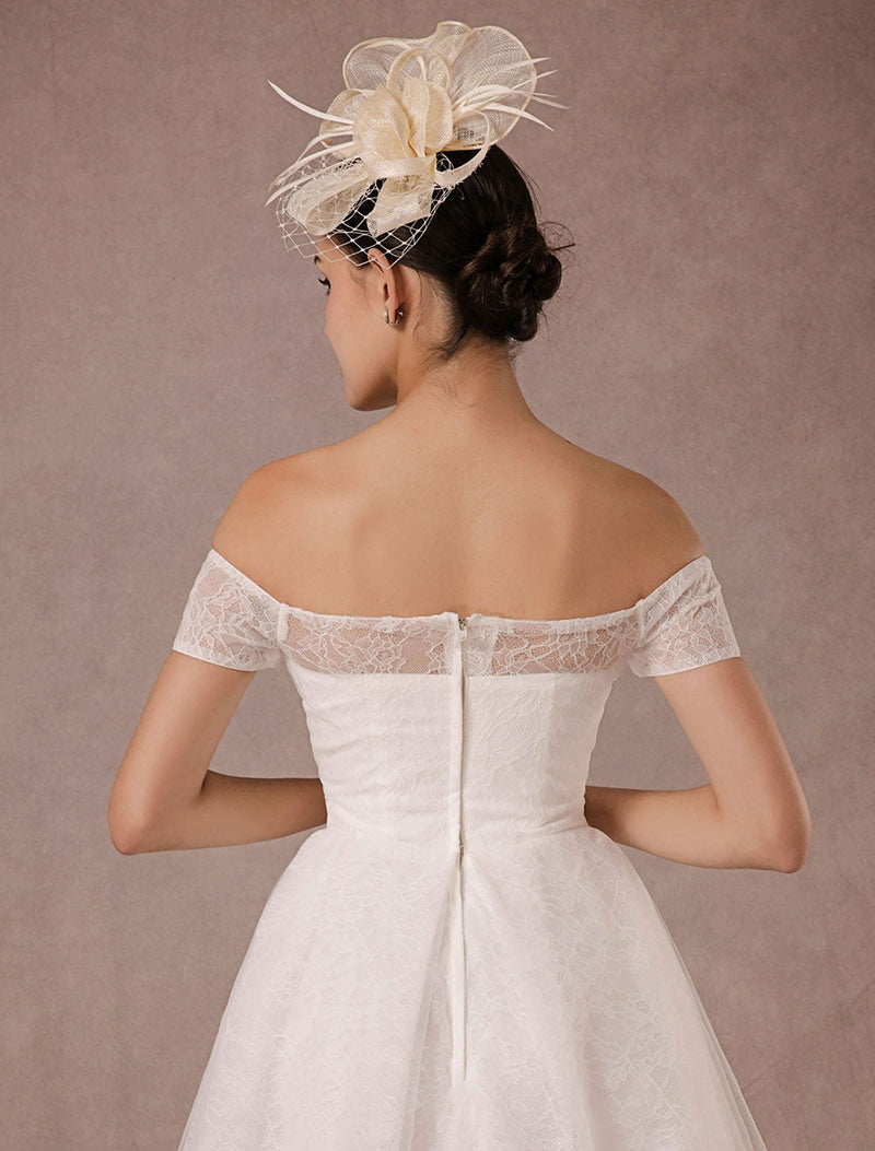 Short Wedding Dress Lace Off The Shoulder Mini A-Line Retro Bridal Dress