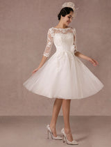 Short Wedding Dress Retro Lace Applique Long Sleeves Tea Length A-line Tulle Bridal Gown With Flower Sash Exclusive