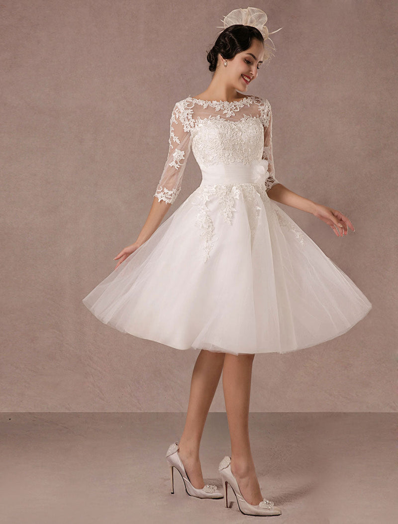 Short Wedding Dress Retro Lace Applique Long Sleeves Tea Length A-line Tulle Bridal Gown With Flower Sash Exclusive