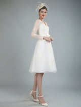 Short Wedding Dress Tulle Knee Length Chic V-Neck Long Sleeves A-line Bridal Gowns Exclusive