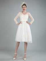 Short Wedding Dress Tulle Knee Length Chic V-Neck Long Sleeves A-line Bridal Gowns Exclusive