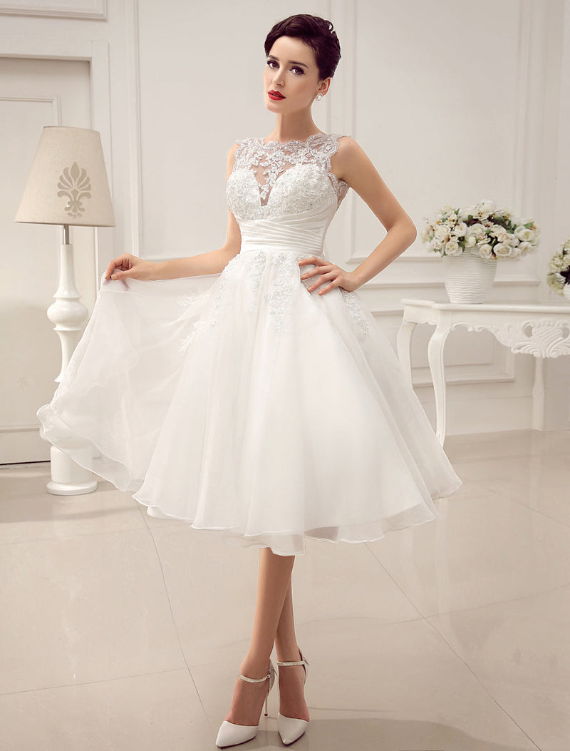 Short Wedding Dresses Retro 1950s Bridal Gown Sexy Backless Lace Beading Pleated Sequins Illusion Wedding Reception Dress With Exclusive