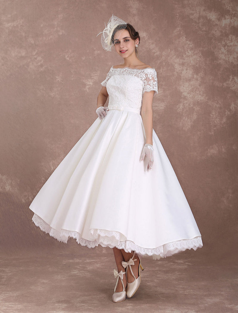 Short Wedding Dresses Retro Bridal Dress 1950s Bateau Lace Short Sleeve Ivory Bow Sash Tea Length Wedding Reception Dress Exclusive