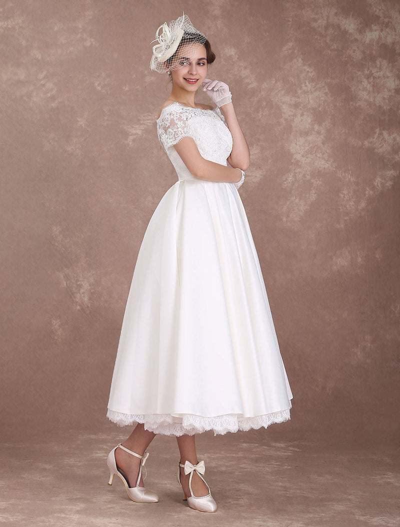 Short Wedding Dresses Retro Bridal Dress 1950s Bateau Lace Short Sleeve Ivory Bow Sash Tea Length Wedding Reception Dress Exclusive