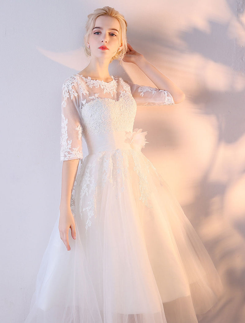 Short Wedding Dresses White Half Sleeve Lace Applique Tea Length Bridal Dress