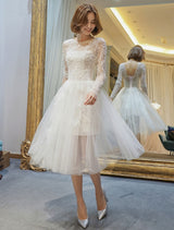 Short Wedding Dresses White Lace Long Sleeve Illusion Tea Length Bridal Dress