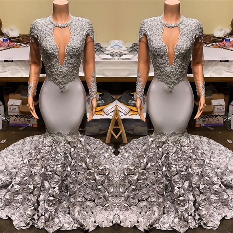 Silver Party Dress Fit and Flare Floral Prom Dresses Lace Appliques Real Shooting Formal Dresses