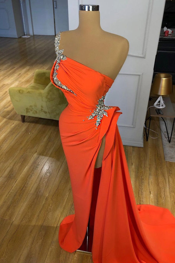 Silver Sequined Orange High-split Prom Dress One-shoulder