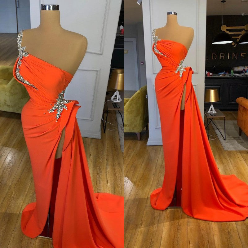 Silver Sequined Orange High-split Prom Dress One-shoulder