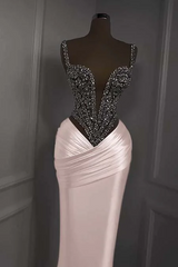Silver Beads Deep V-neck Pleats Mermaid Sparkle Wedding Dresses