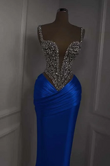 Silver Beads Deep V-neck Pleats Mermaid Sparkle Wedding Dresses