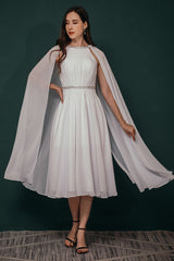Simple Beadings White Chiffon Summer Wedding Dress with Cape