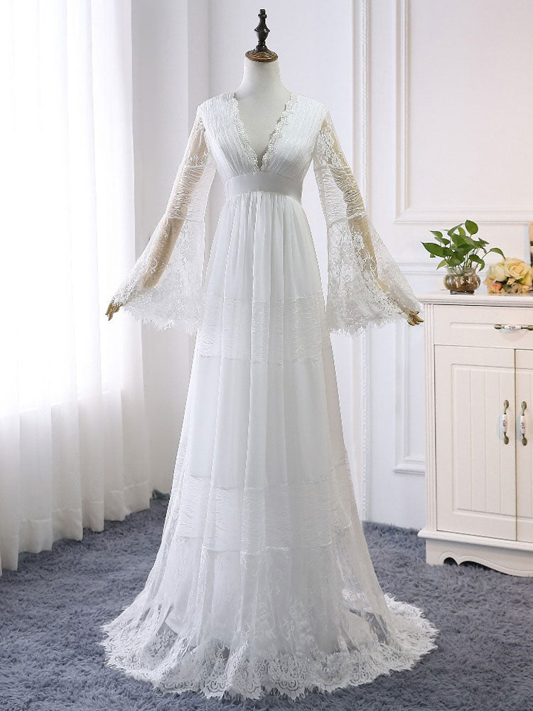 Simple Boho Wedding Dresses A-line Deep V-Neck Multilayer Lace Chiffon Beach Bridal Gowns